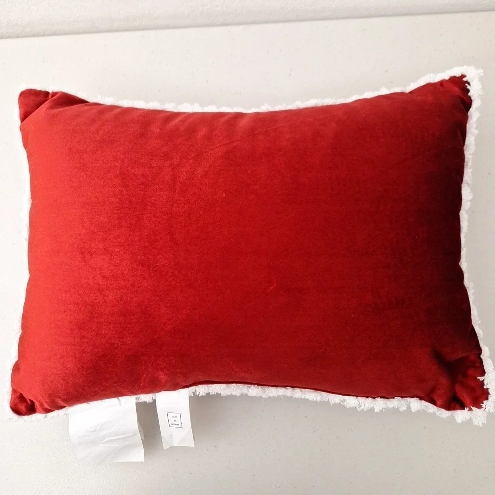 Silky Red Velvet Merry Christmas Pillow Stitched Script w/ Fringe 18